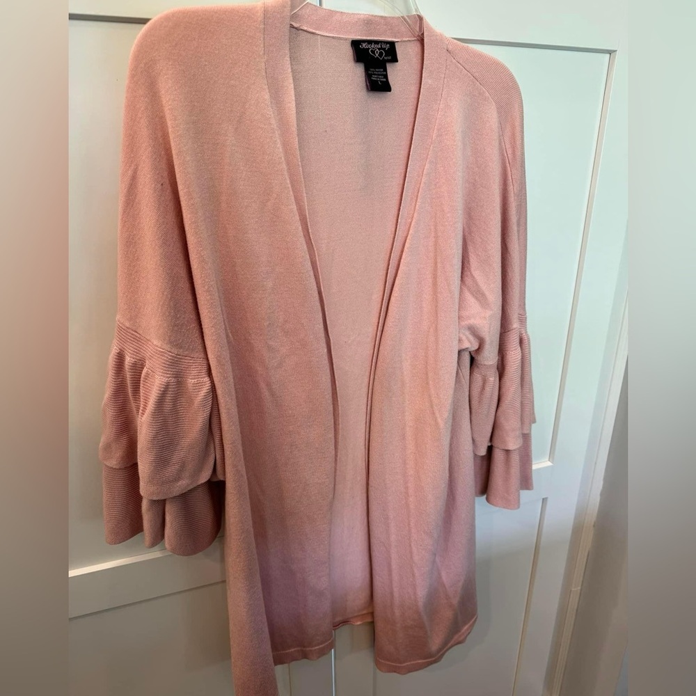 Hooked Up by I.O.T. Pronk sweater cardigan with ruffles on sleeves